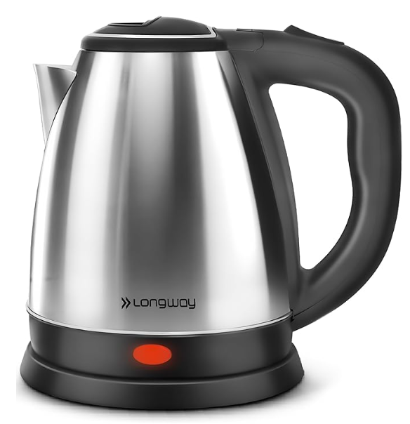 Longway Kestro 1.8-liter stainless steel electric kettle with 1500W power, cool-touch handle, fast boiling, and auto shut-off – ideal for tea, coffee, and hot water